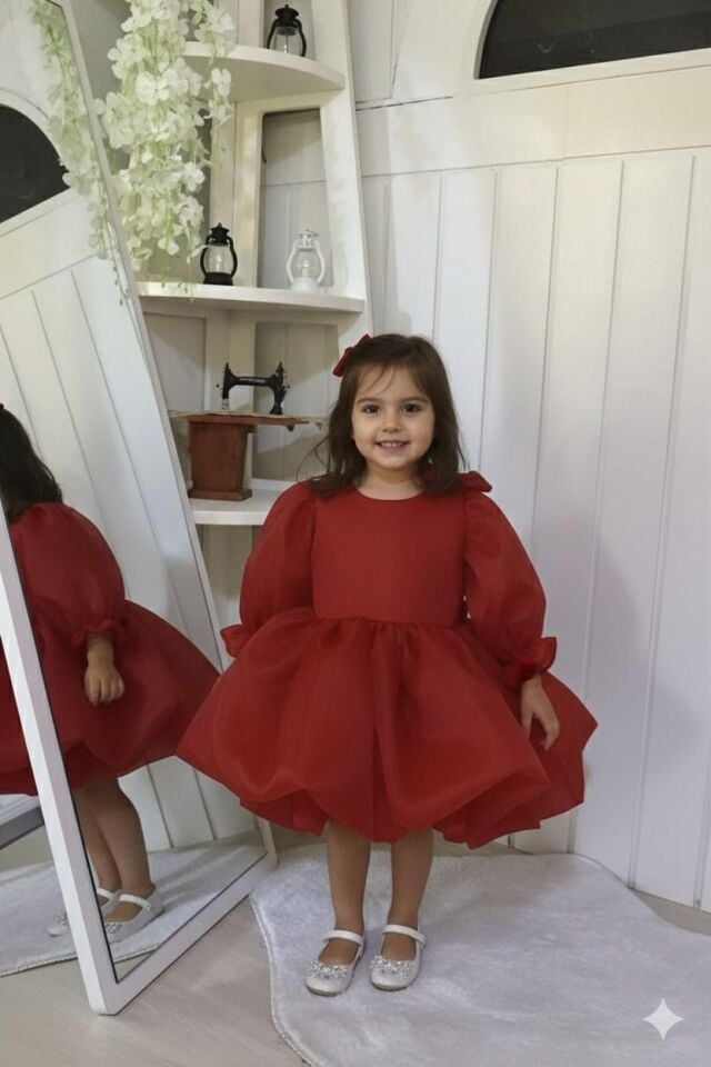 Karolin Balon Kollu Kabarık Kız Çocuk Elbisesi - Kırmızı