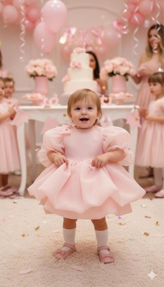 Karolin Balon Kollu Kabarık Kız Çocuk Elbisesi - Pudra