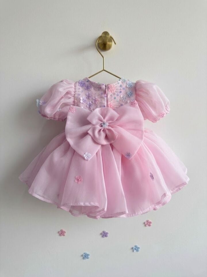 Ellysa Mini Çiçek Detaylı Kabarık Kız Elbisesi - Pembe