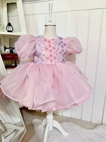 Ellysa Mini Çiçek Detaylı Kabarık Kız Elbisesi - Pembe
