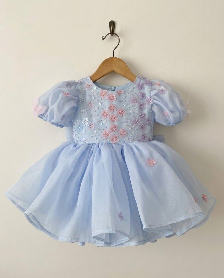 Ellysa Mini Çiçek Detaylı Kabarık Kız Elbisesi - Mavi