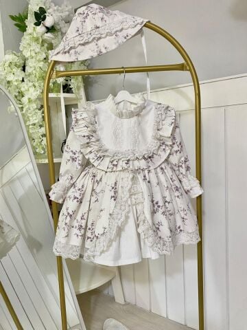 Sophie Mini Lila Çiçekli Dantel Detaylı Vintage Kız Çocuk Elbisesi ve Şapkası