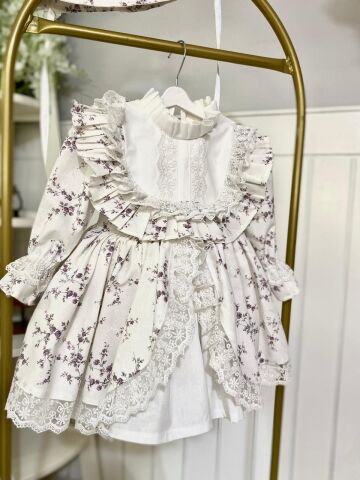 Sophie Mini Lila Çiçekli Dantel Detaylı Vintage Kız Çocuk Elbisesi ve Şapkası