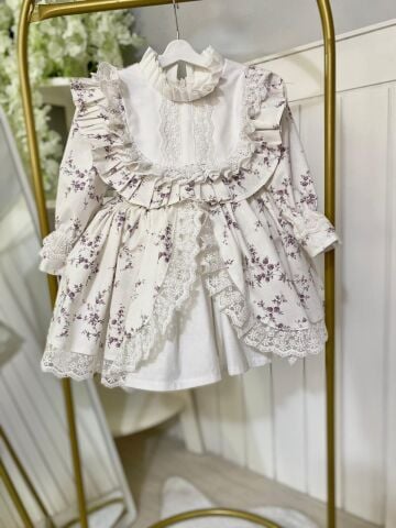 Sophie Mini Lila Çiçekli Dantel Detaylı Vintage Kız Çocuk Elbisesi ve Şapkası