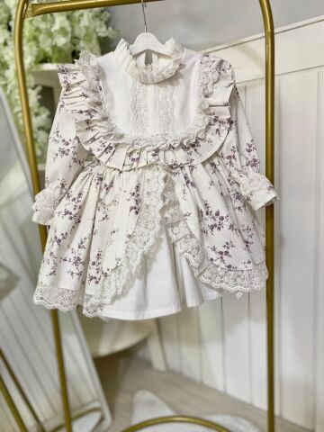 Sophie Mini Lila Çiçekli Dantel Detaylı Vintage Kız Çocuk Elbisesi ve Şapkası