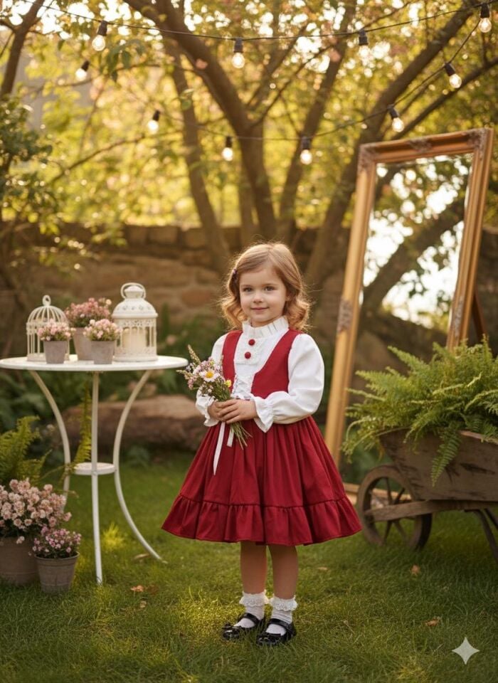 Margot Dantel Detaylı Vintage Kız Çocuk Elbisesi - Kırmızı