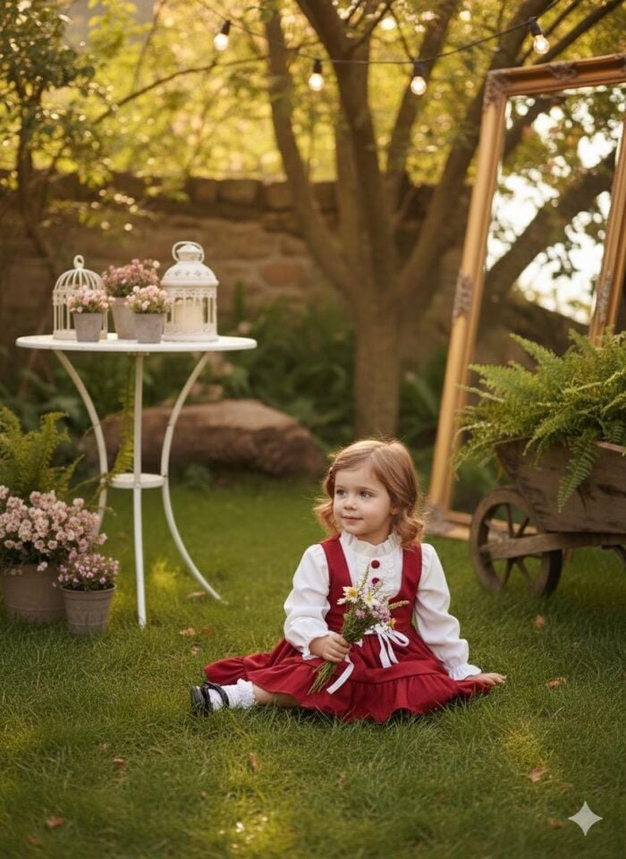 Margot Dantel Detaylı Vintage Kız Çocuk Elbisesi - Kırmızı