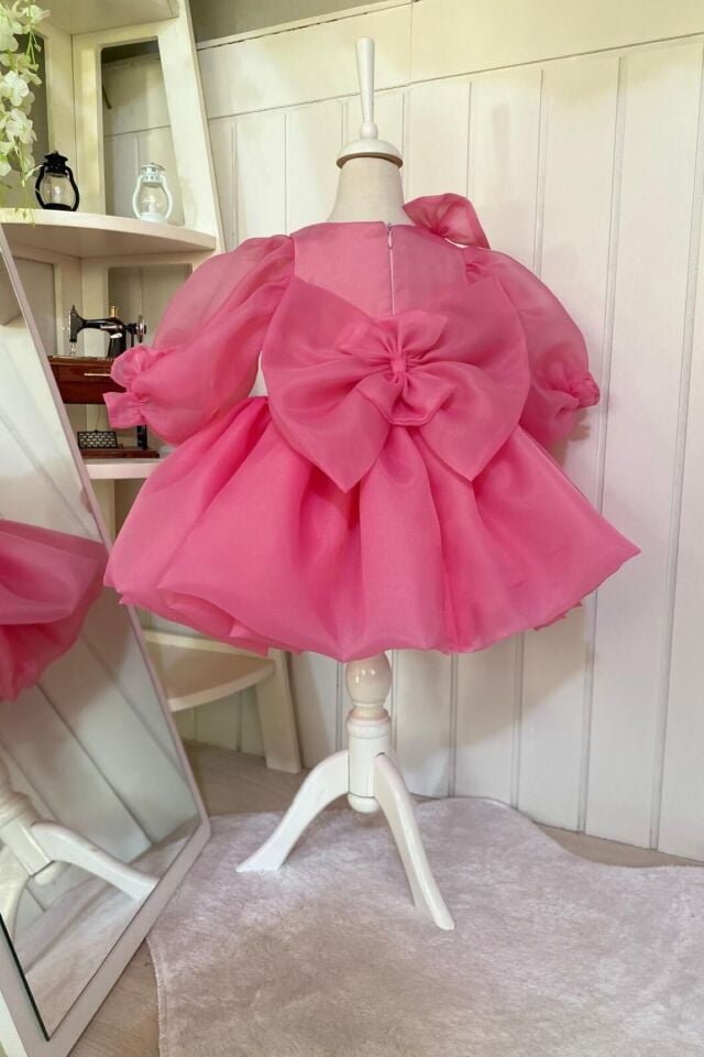 Karolin Balon Kollu Kabarık Kız Çocuk Elbisesi - Fuşya