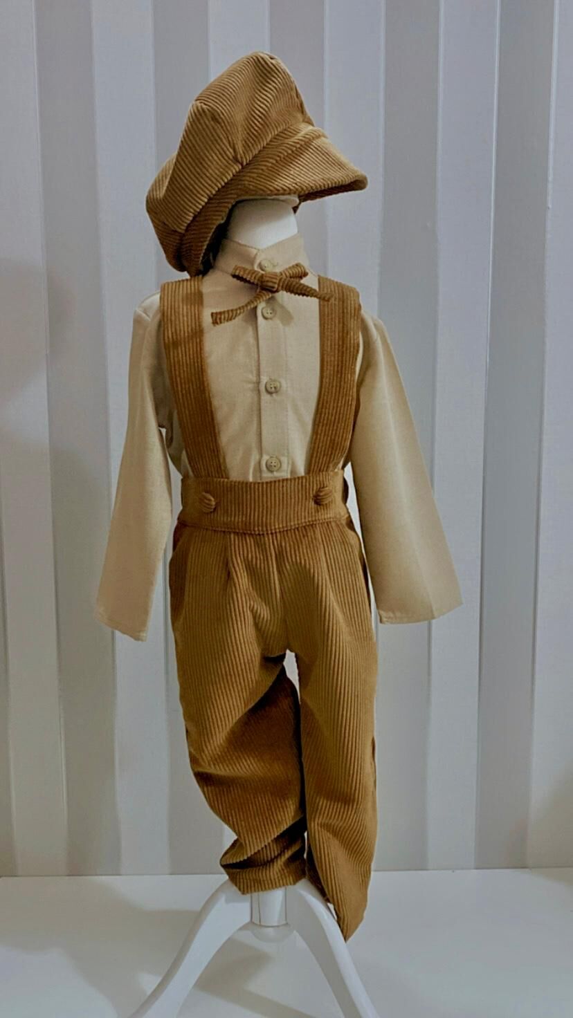 Alex Vintage Erkek Çocuk Salopet Gömlek Şapka Takımı - Açık Kahverengi