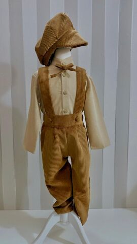 Alex Vintage Erkek Çocuk Salopet Gömlek Şapka Takımı - Açık Kahverengi