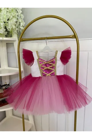 Clara Gold Detaylı Beyaz Fuşya Tütü Prenses Elbisesi