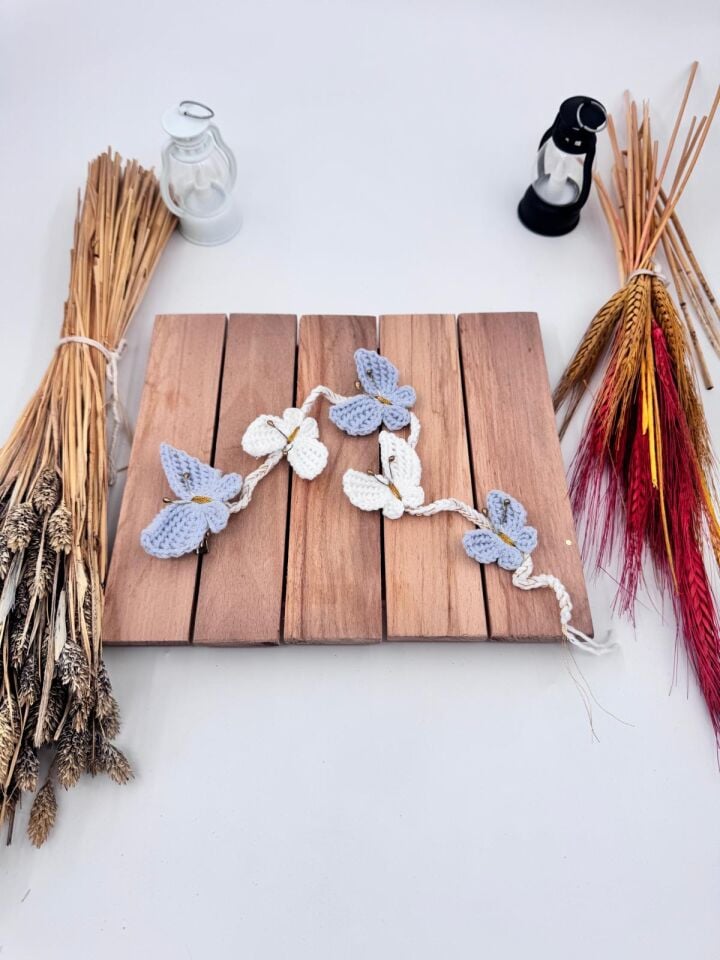 Kelebek salkım toka - Mavi kelebek konsept örgü klips toka