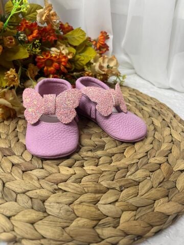 Minny Pembe Kelebek Doğal Deri Bebek Makosen