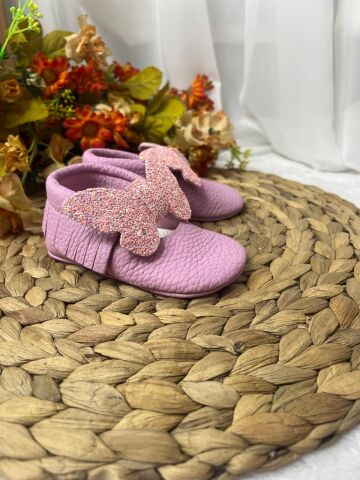Minny Pembe Kelebek Doğal Deri Bebek Makosen