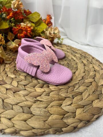 Minny Pembe Kelebek Doğal Deri Bebek Makosen