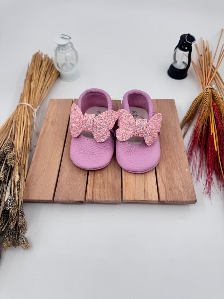 Minny Pembe Kelebek Doğal Deri Bebek Makosen