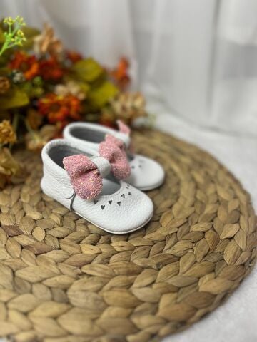 Minny Beyaz - Pembe Kelebek Doğal Deri Bebek Makosen