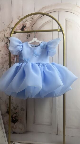 Sia Kelebek Detaylı Mavi Kabarık Kız Elbisesi -Özel Gün Doğum Günü Elbisesi