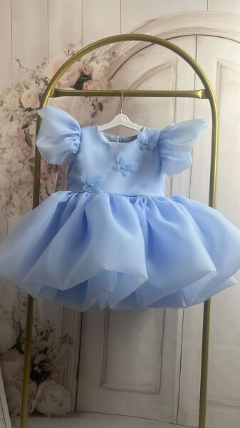 Sia Kelebek Detaylı Mavi Kabarık Kız Elbisesi -Özel Gün Doğum Günü Elbisesi