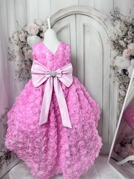 Pembe Gül Detaylı Kuyruklu Kız Çocuk Elbisesi -Düğün Doğum Günü Parti Elbisesi