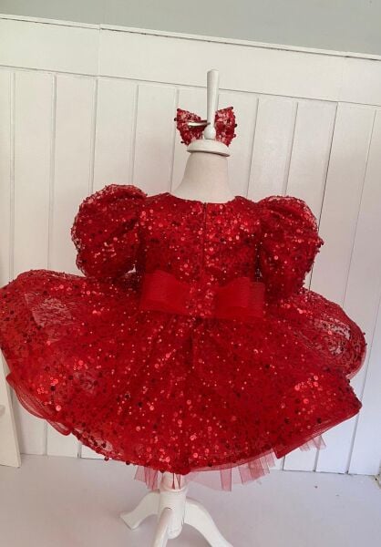 Fullia Kırmızı İnci Payet Detaylı Kız Çocuk Elbisesi - Doğum Günü - Abiye- Düğün