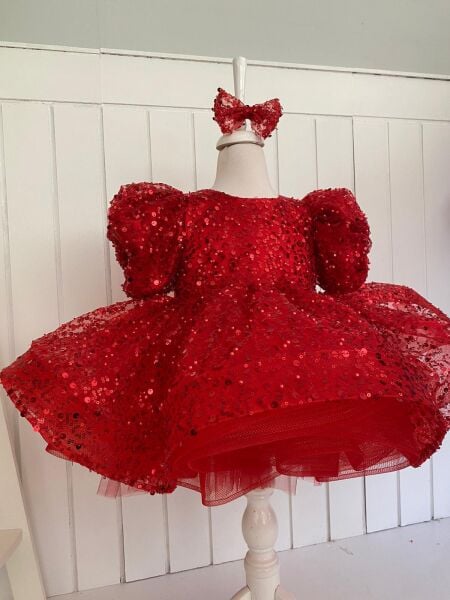 Fullia Kırmızı İnci Payet Detaylı Kız Çocuk Elbisesi - Doğum Günü - Abiye- Düğün