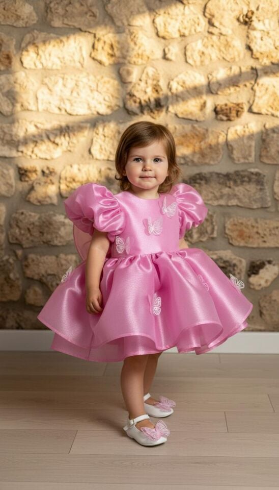 Eva Kelebek Detaylı Parlak Kanatlı Kabarık Kız Çocuk Elbisesi - Parti Elbisesi