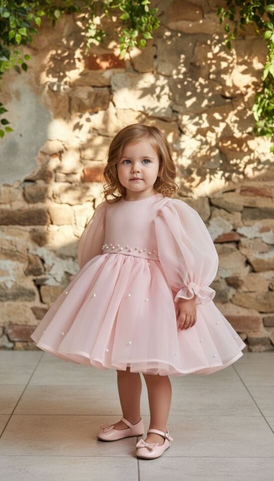 Zenna İnci Detaylı Balon Kollu Kabarık Kız Çocuk Elbisesi - Pudra