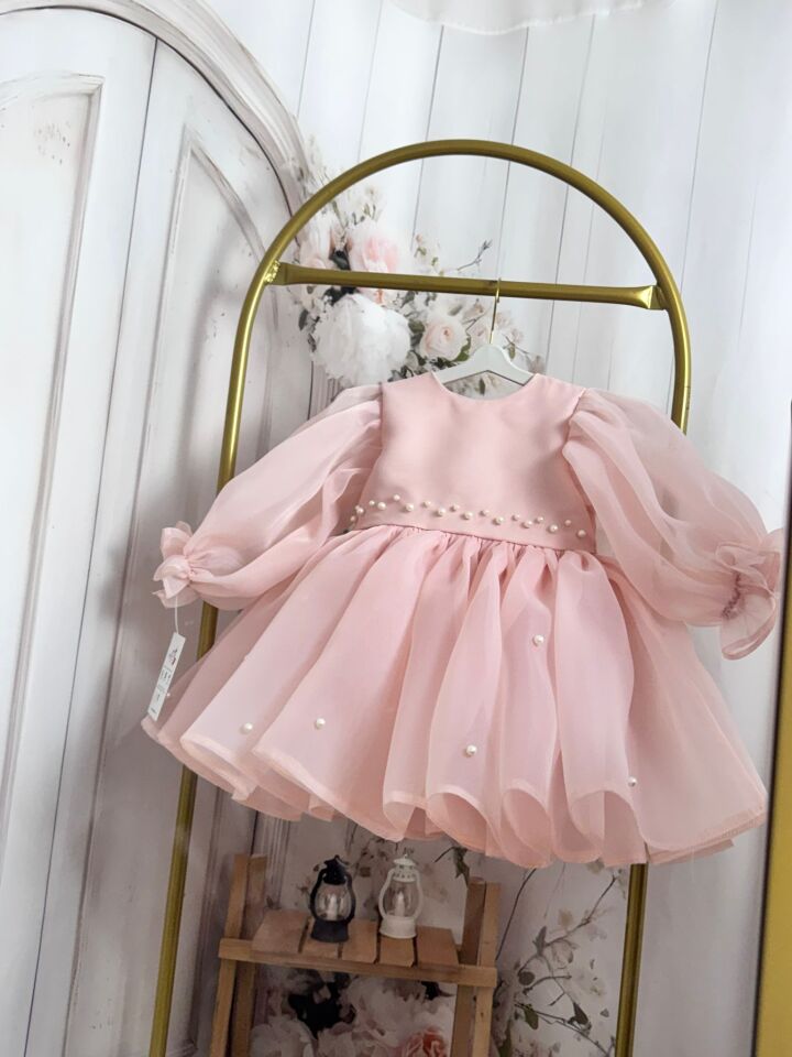 Zenna İnci Detaylı Balon Kollu Kabarık Kız Çocuk Elbisesi - Pudra