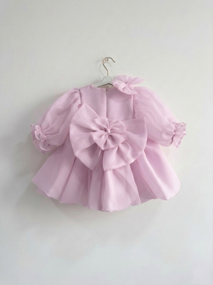 Pembe Karoliyn Balon Kollu Kız Çocuk Abiye Elbise