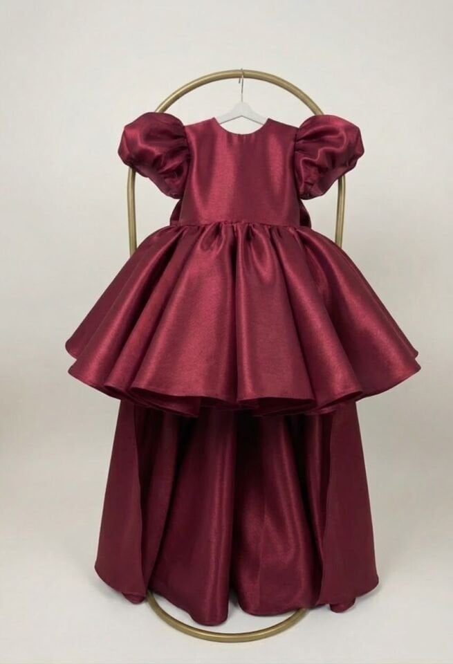 Annie Kız Çocuk Prenses Elbisesi – Bordo Büyük Fiyonklu Kuyruk Detaylı Model Abiye