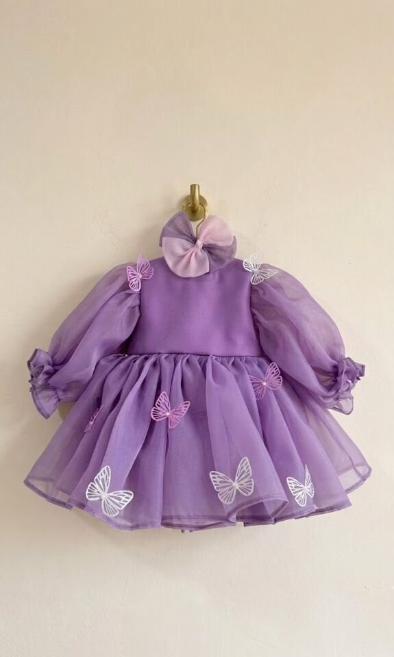 Butterfly Mor Kelebek Detaylı Tokalı Kız Çocuk Elbisesi