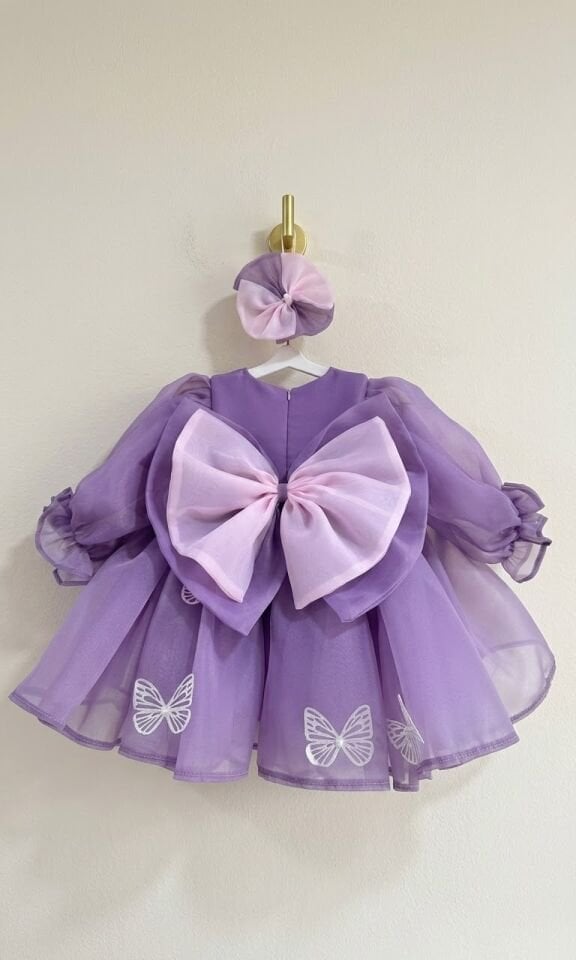 Butterfly Mor Kelebek Detaylı Tokalı Kız Çocuk Elbisesi